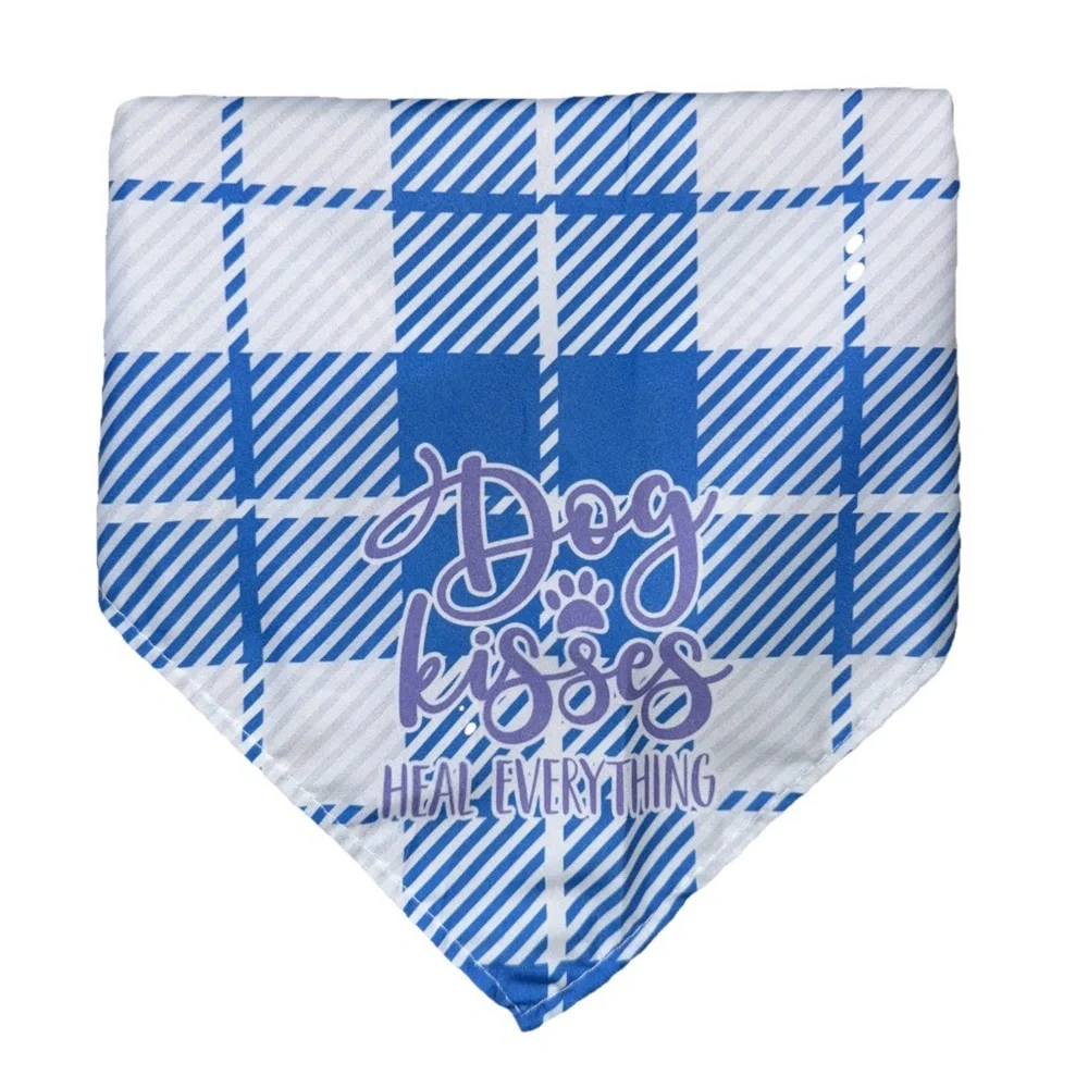 Pet Bandana Blue Plaid with Caption ‘Dog Kisses Heal Everything' OS